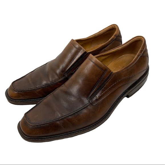 ECCO Brown Leather Slip on Loafer Flat Oxford Dress Shoes...